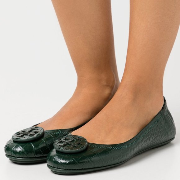 Tory Burch $248 Minnie Croc Embossed Green Verde Ballet Flats 9 - Picture 2 of 13